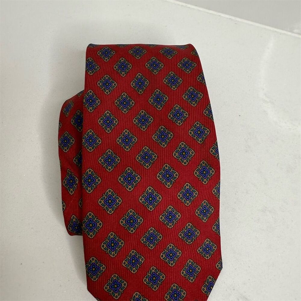 Ponte Vecchio Men's Silk Tie Red Geometric Designer Handmade​